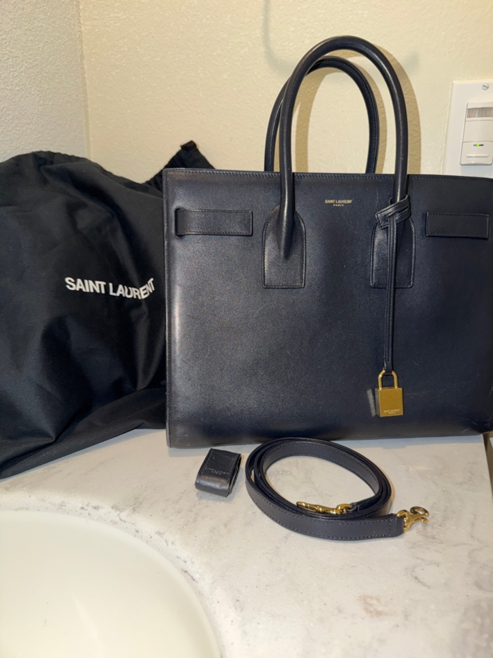 Saint Laurent Navy Blue Leather Sac de Jour with Padlock & shoulder strap